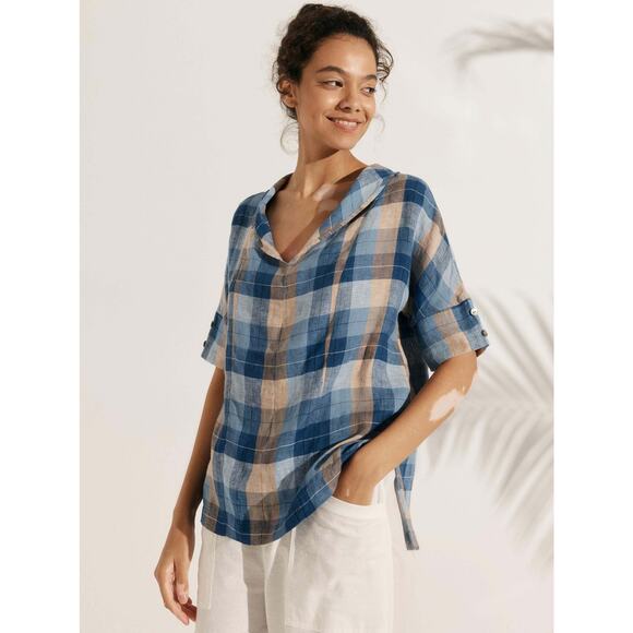 LINTICO | Linen Blend Blue Plaid Cowl Neck Short Sleeve Shirt Top | XL - Picture 1 of 9